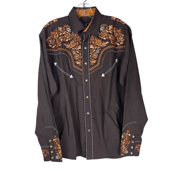 Salvaje Oeste Western Cowboy Pearl Snap Shirt M Brown Orange Embroidered Rodeo - Picture 1 of 8